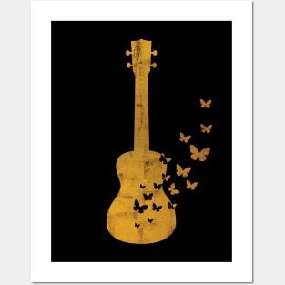 Ukulele Silhouette Turning Into Butterflies Gold Posters and Art